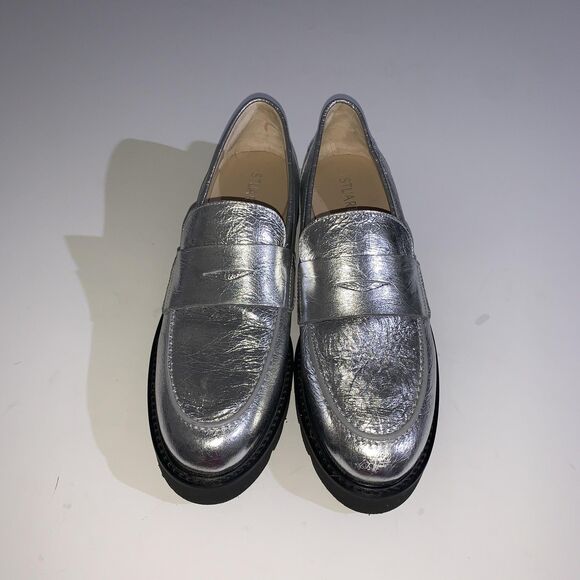 Stuart Weitzman Loafers Womens 10.5 AA Narrow Parker Lift Silver Metallic Lug - Picture 4 of 10